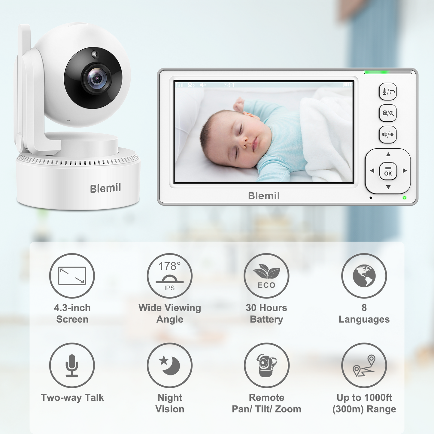 Blemil BL9046 4.3 Inch Video Baby Monitor