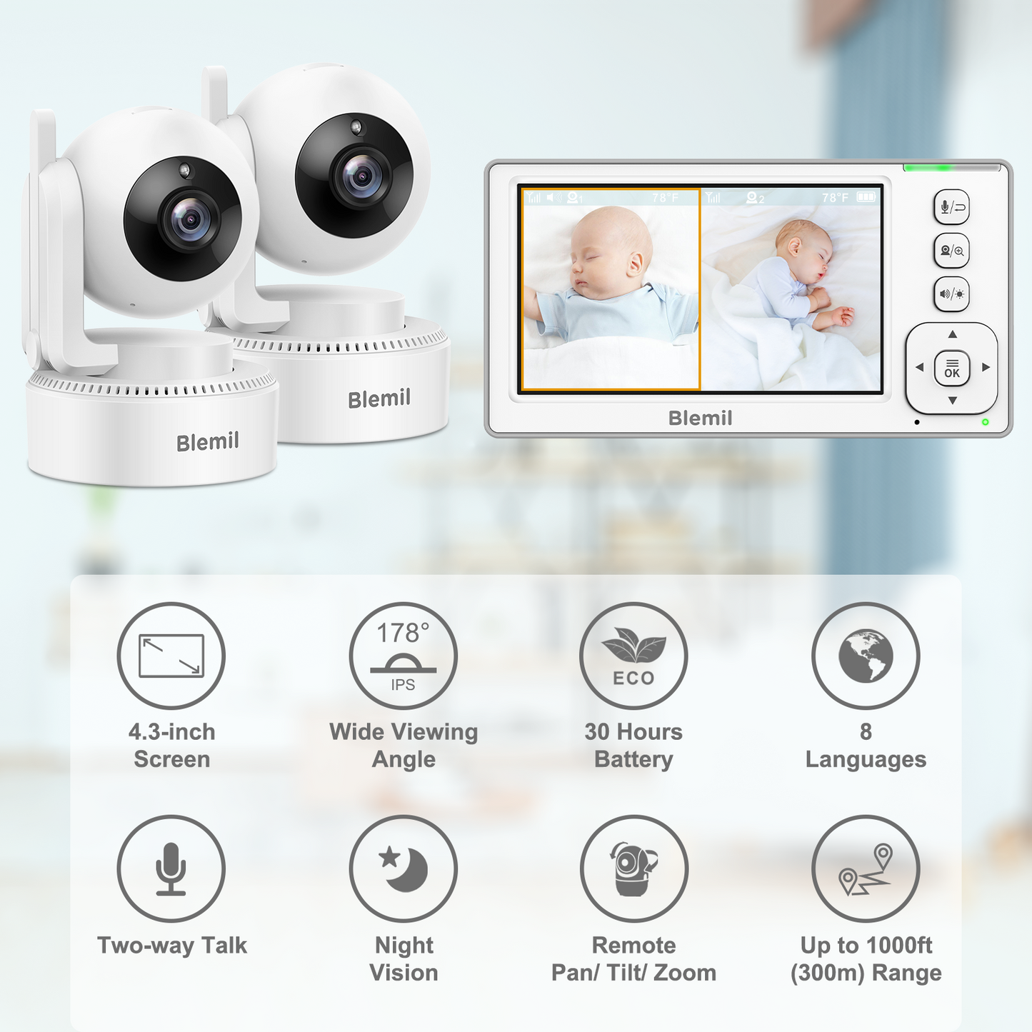 Blemil BL9046-2 Video Baby Monitor with two cameras