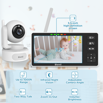 Blemil BL9082 Baby Monitor, 5.5" HD Split-Screen with 4000mAh Battery